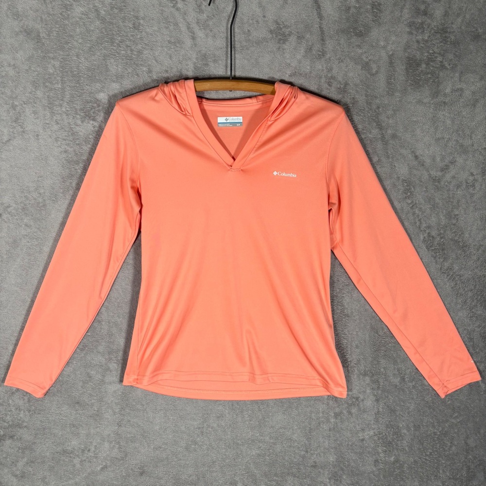 Columbia Womens Omni-Shade V-Neck Hoodie Coral Long Sleeve Sun Shirt S XK8830